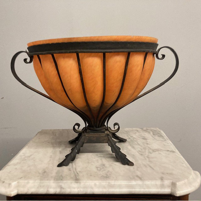 Antique French Liberty glass vase, 1930s, wrought iron base. Size: H 30, W 45, D 33